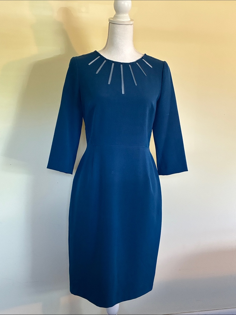 Adrianna Papell Teal Midi Sheath Dress with Necklace-Inspired Neckline